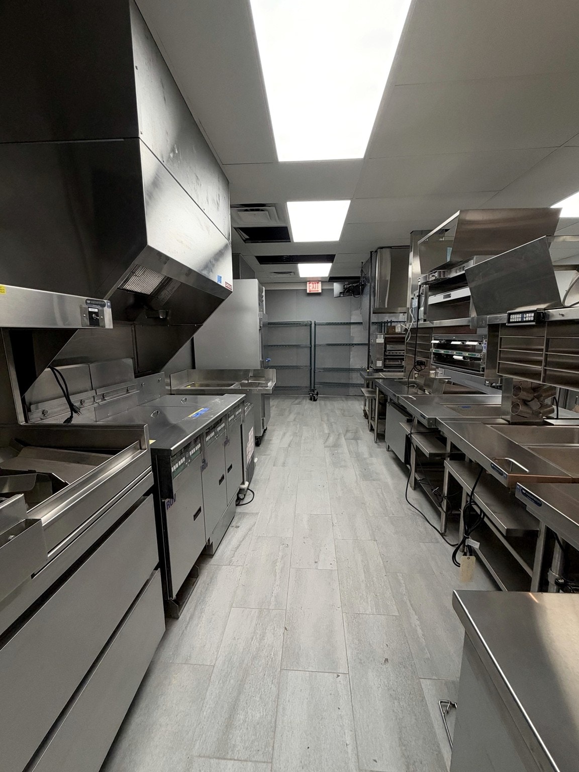 Commercial kitchen overview with stainless steel prep line and equipment