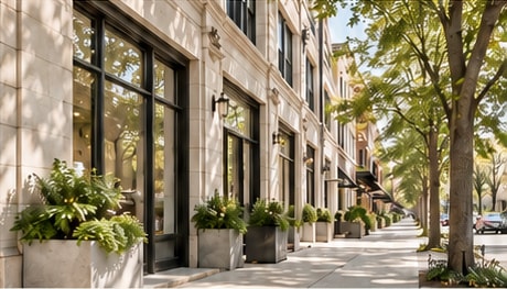 Elegant limestone commercial streetscape with large windows and landscaping
